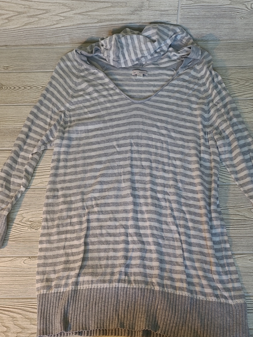 Light Gray & White Striped V-Neck Women's Sweater Hoodie